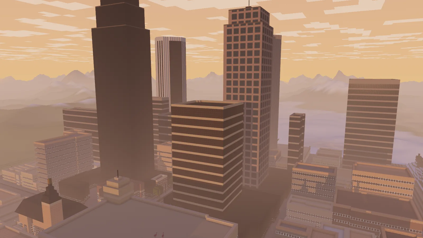 Animal Crossfire screenshot: a voxel city of towers at golden hour with hazy mountains behind it
