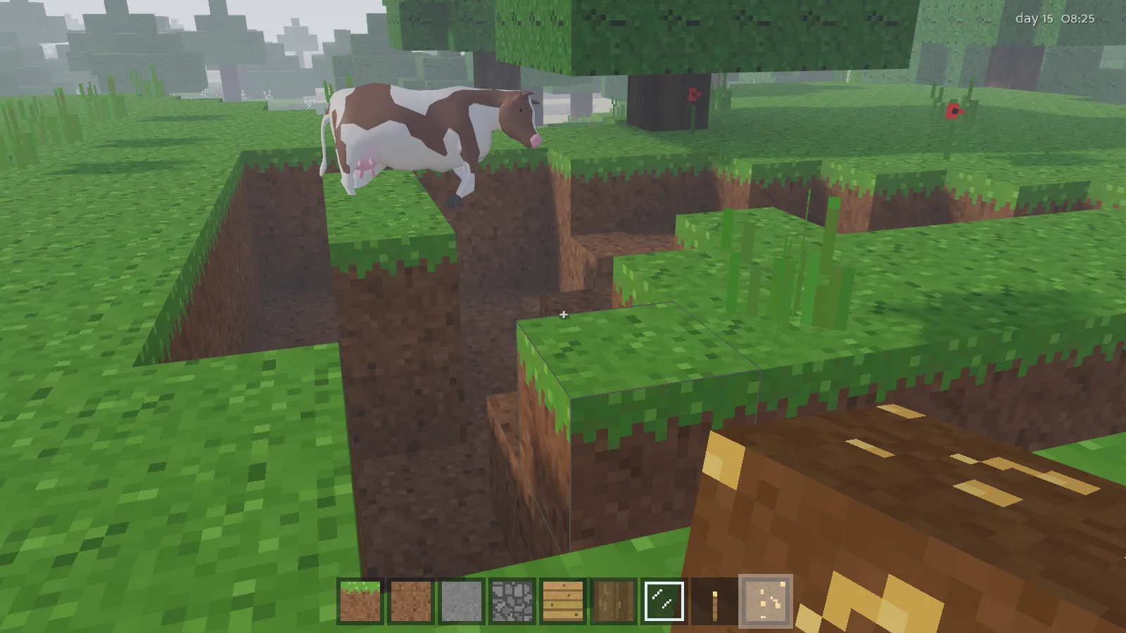 Animal Crossfire screenshot: a cow standing at the edge of a freshly dug pit in a voxel pasture