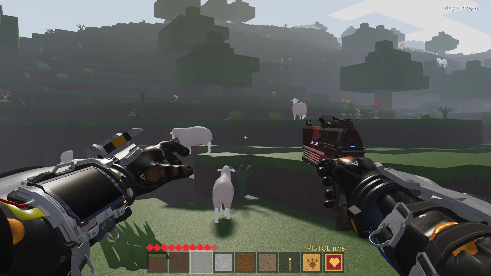 Animal Crossfire screenshot: first person view of armoured hands holding a sci-fi pistol, facing sheep on a grassy voxel hillside
