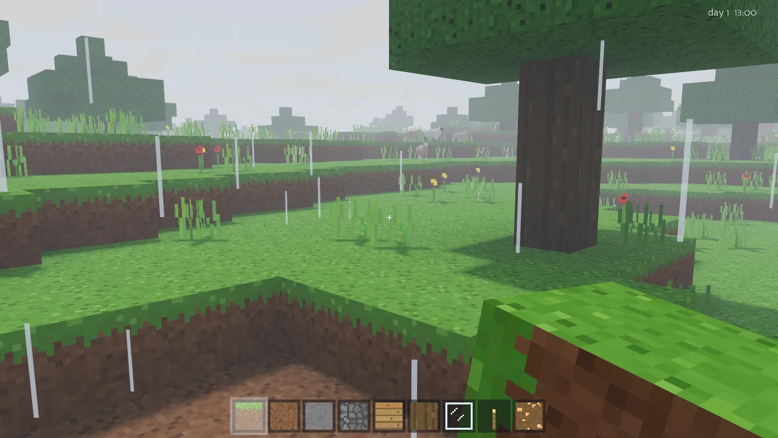 Animal Crossfire screenshot: rain streaking over voxel plains with sheep grazing in the distance